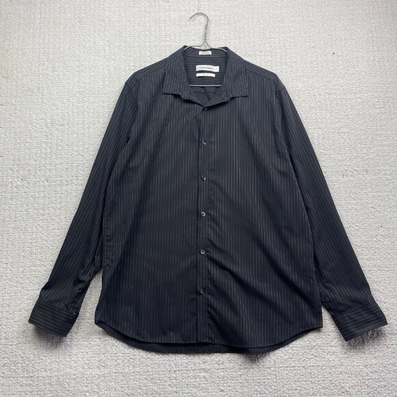 Calvin Klein Non Iron Black & White Stripe Men Sz Large Button up Shirt Casual - Picture 1 of 13